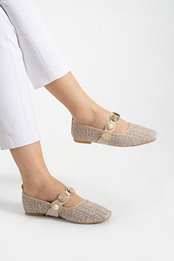 Parparastil Γυναικείες μπαλαρίνες Tweed Pearl με κλειστή πλάτη με χαμηλό τακούνι Mary Jane Daily Mink Straw