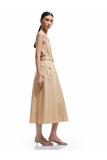 Koton Pocketed V-Neck Long Poplin Dress with Belt Detail