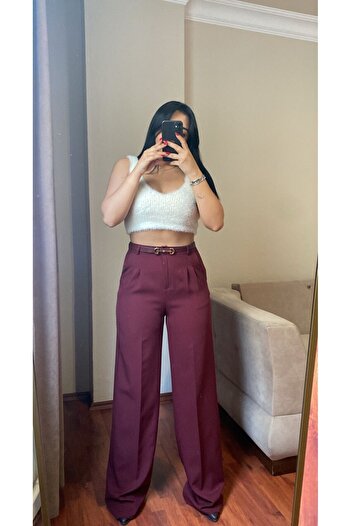 MODA Women's Premium Wide Leg Dark Claret Red Palazzo Fabric Trousers
