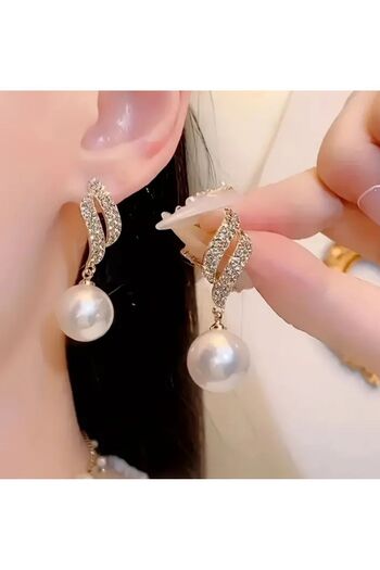 Aksesuar Pearl and Jewelled Gold Colored Leaf Stylish Engagement Henna Wedding Evening Dress Earrings