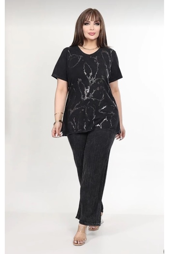 vividbutik Plus Size Cotton Washed 2-Piece Blouse Pants Set