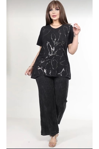vividbutik Plus Size Cotton Washed 2-Piece Blouse Pants Set