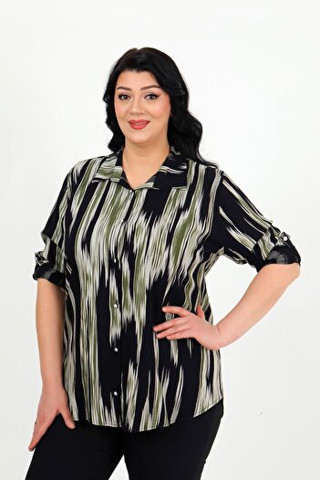 By Alba Collection Women's Khaki Patterned Cotton Viscose Large Size Shirt