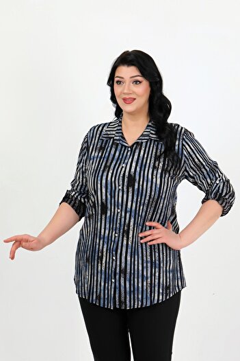 By Alba Collection Women's Indigo Patterned Cotton Viscose Plus Size Shirt