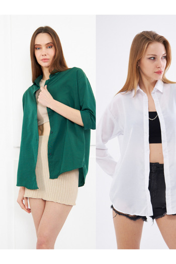 brako tekstil Women's White - Dark Green Oversize Long Basic Shirt