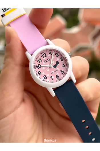 Q&Q 10 Atm, 2 Years Warranty, Navy Blue-Pink Silicone Cord Girl's Wristwatch Suitable for Pool and Sea Use