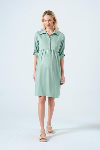 BUSA Maternity Half Sleeve Buttoned Mid-Length Dress Caglia Green