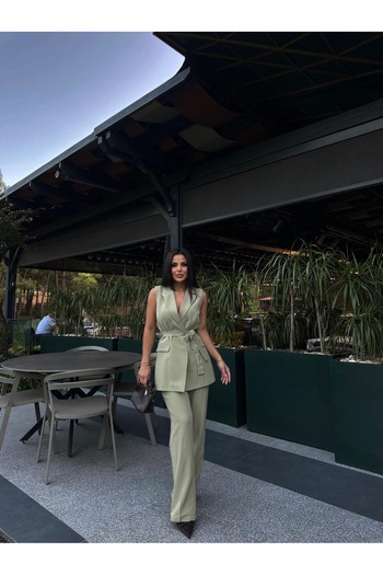Ekim Store Düğmeli Yelekli Bağlamalı İkili Blazer Takım