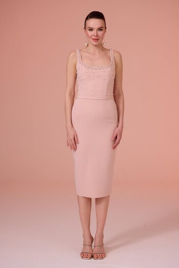 Carmen Powder Backless Crepe Promise Dress with Pearls