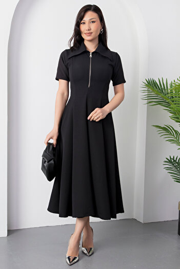 PULLIMM Shirt Collar Zipper Short Sleeve Dress 2025-4178