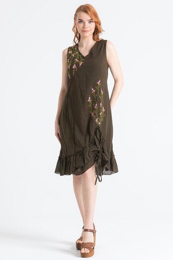 Eliş Şile Bezi Sleeveless Voile Candan Slit Midi Length Summer Dress Khaki Hk