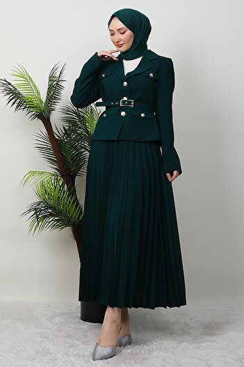 GİYZAMİLA Gold Detail Skirt Suit Emerald