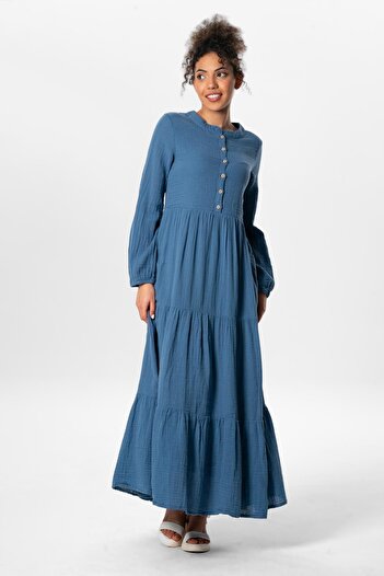 Eliş Şile Bezi Long Sleeve Akay Long Button Detail Summer Muslin Dress Indigo indg