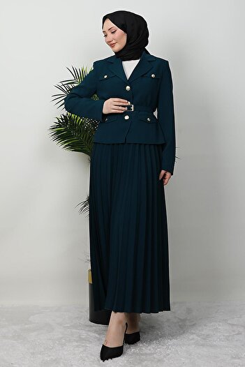 GİYZAMİLA Gold Detail Skirt Suit Dark Petrol