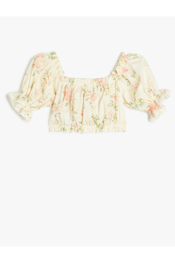 Koton Gipe Detailed Square Neck Balloon Sleeve Cotton Floral Crop Blouse