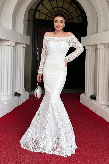 giyimmasalı Top Guipure Lace Bottom Διπλό Υφασμάτινο Βραδινό Φόρεμα με λαιμόκοψη - Λευκό