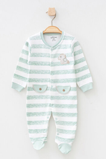Aziz Bebe Baby Boy Striped Horse Embroidered Booties Jumpsuit with Snap Fasteners 0 Month - 6 Months