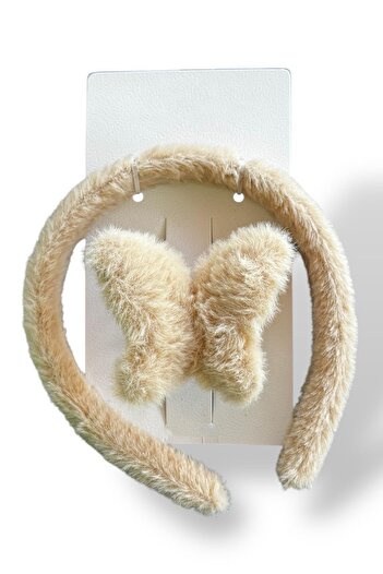 TAKIŞTIR Cream Color Butterfly Figured Plush Latch Buckle and Crown Set