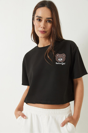 Bianco Lucci Women's Teddy Embroidered Combed Cotton Crop T-Shirt 3019 60283090