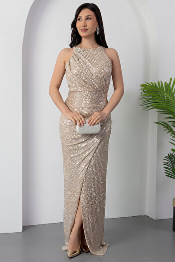 PULLIMM Pulpayet Anveloped Long Zero Sleeve Evening Dress 13461