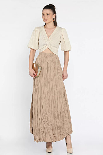 GÜLSELİ Beige Women's Elastic Waist Crinkle Voile Skirt