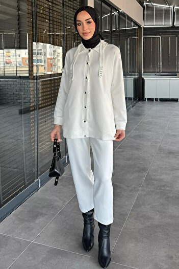 julude Cream Stone Detailed Snap Detailed Tunic Trousers Hijab Double Set