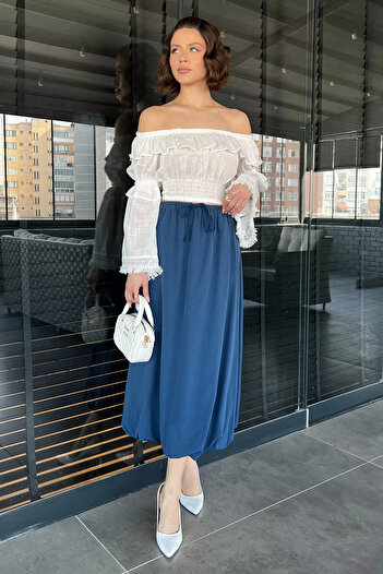 GÜLSELİ Indigo Women's Elastic Waist Pocket Balloon Skirt