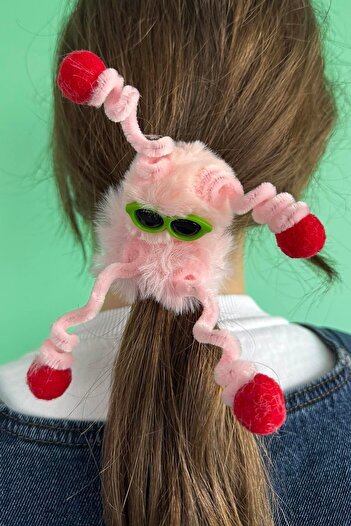 TAKIŞTIR Pink Color Monster Figured Glasses Detailed Plush Bagel Buckle