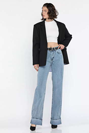 GÜLSELİ Blue Double Leg Women's Mom Jean Jeans
