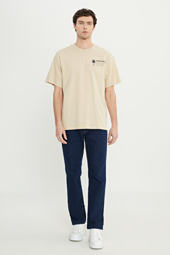 AC&Co / Altınyıldız Classics Men's Beige 100% Cotton Oversize Fit Relaxed Cut Crew Neck Printed T-Shirt