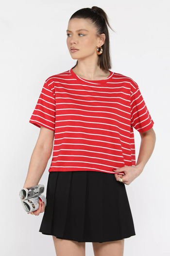 GÜLSELİ Red Crew Neck Striped Women's T-Shirt