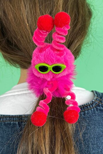 TAKIŞTIR Fuchsia Color Monster Figured Glasses Detailed Plush Bagel Buckle