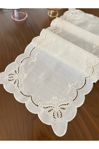 Denef Home Hole Work Butterfly Runner 1 Piece - Hole Work Cutting, Cream Color, 35X120 cm