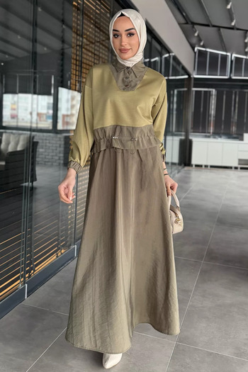 julude Khaki Elastic Waist Parachute Garnished Collar Snap Detailed Blouse Skirt Hijab Double Set