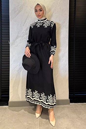 julude Black Cream Patterned Waist Tie Hijab Viscose Dress