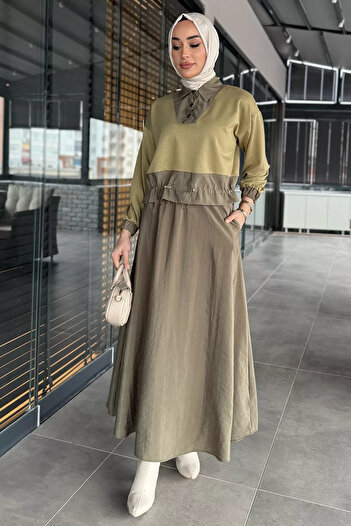julude Khaki Elastic Waist Parachute Garnished Collar Snap Detailed Blouse Skirt Hijab Double Set