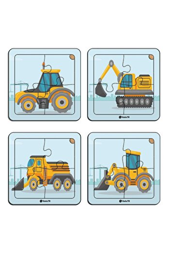 kutuTR Çocuklar Için Eğitici Ve Öğretici Ahşap 8 Li 4 Parçalı İş Makineleri Mini Puzzle Set 8'li