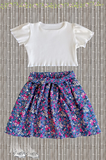 MODA59 Ribbed Ecru Color Modal Cotton Crop and Viscose Floral Skirt Set