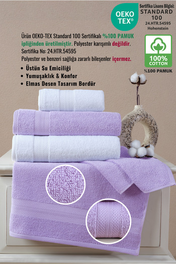 Ellaline Lilac White Bath Towel Set of 4 - 100% Cotton, Diamond Pattern, 50X80-70X130, Certified