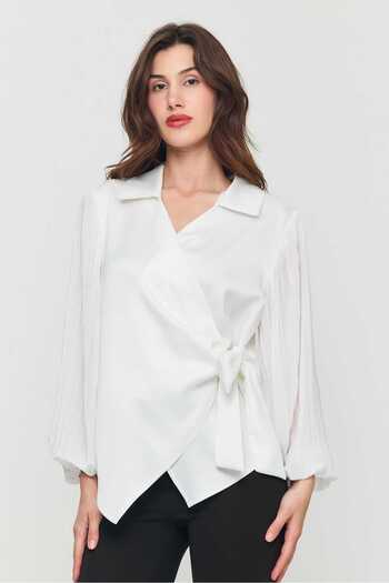 OQQA New Season Satin Double-Breasted Side Tie Sleeves Chiffon Pleated Stone Embroidered Blouse Shirt