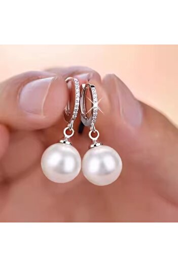 HOBİSY GIFT SHOP Stylish and Minimalist Silver Pearl Earrings – Does Not Tarnish, Steel Earrings with Zircon Details-12Mm Pearl