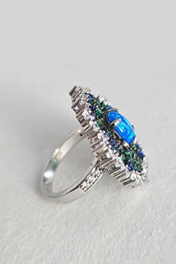MorMajor Silver İTHAL OPAL TAŞLI MAVİ YEŞİL ZİRKON  GÜMÜŞ YÜZÜK