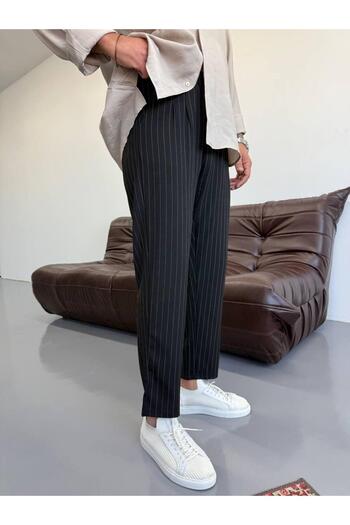 Oliggopol Men's Black Boyfriend Striped Fabric Pants