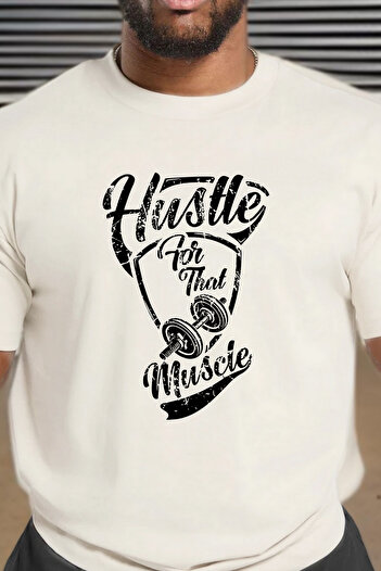 BESSA Ανδρικό μπλουζάκι Hustle Muscle με στάμπα μπεζ Oversize Crew Neck Cotton Athlete