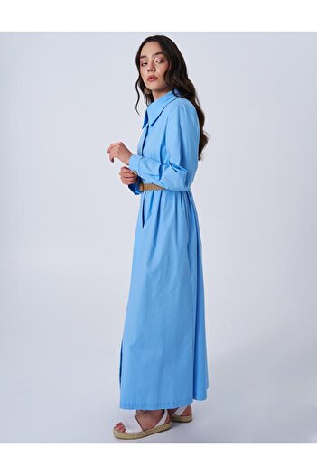 Kayra Poplin Dress with Straw Belt Detail Dust Smoke