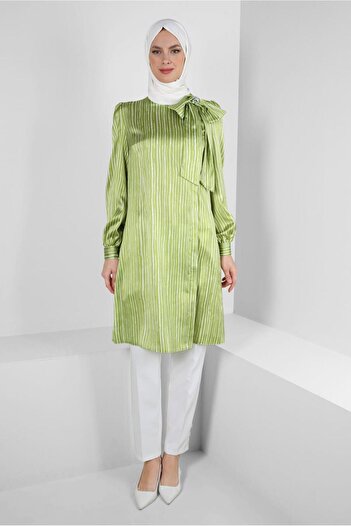 Alvina Striped Collar Bow Detailed Satin Tunic 43738