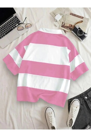 Jooy Unisex Pink White Striped Half Zip Polo Neck T-Shirt