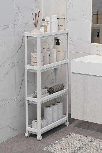 Omaş Household Product Ορθογώνια μονάδα ραφιών 4 επιπέδων με ρόδες Λευκό ράφι οργάνωσης κουζίνας μπάνιου