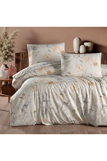 First Choice Cream bed linen with flowers, 100% cotton ranforce, 4 pieces, fitted sheet, Amaris Storm