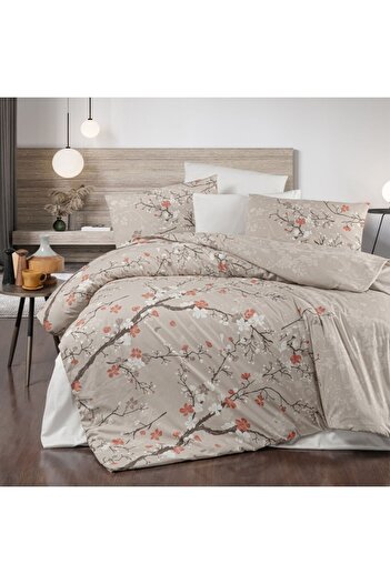First Choice 100% cotton bed linen, ranforce, 6 pieces, First Choice, Luhan, Beige with branches and flowers